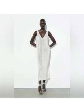 Zara White Sequin V‑Neck Midi Slip Dress